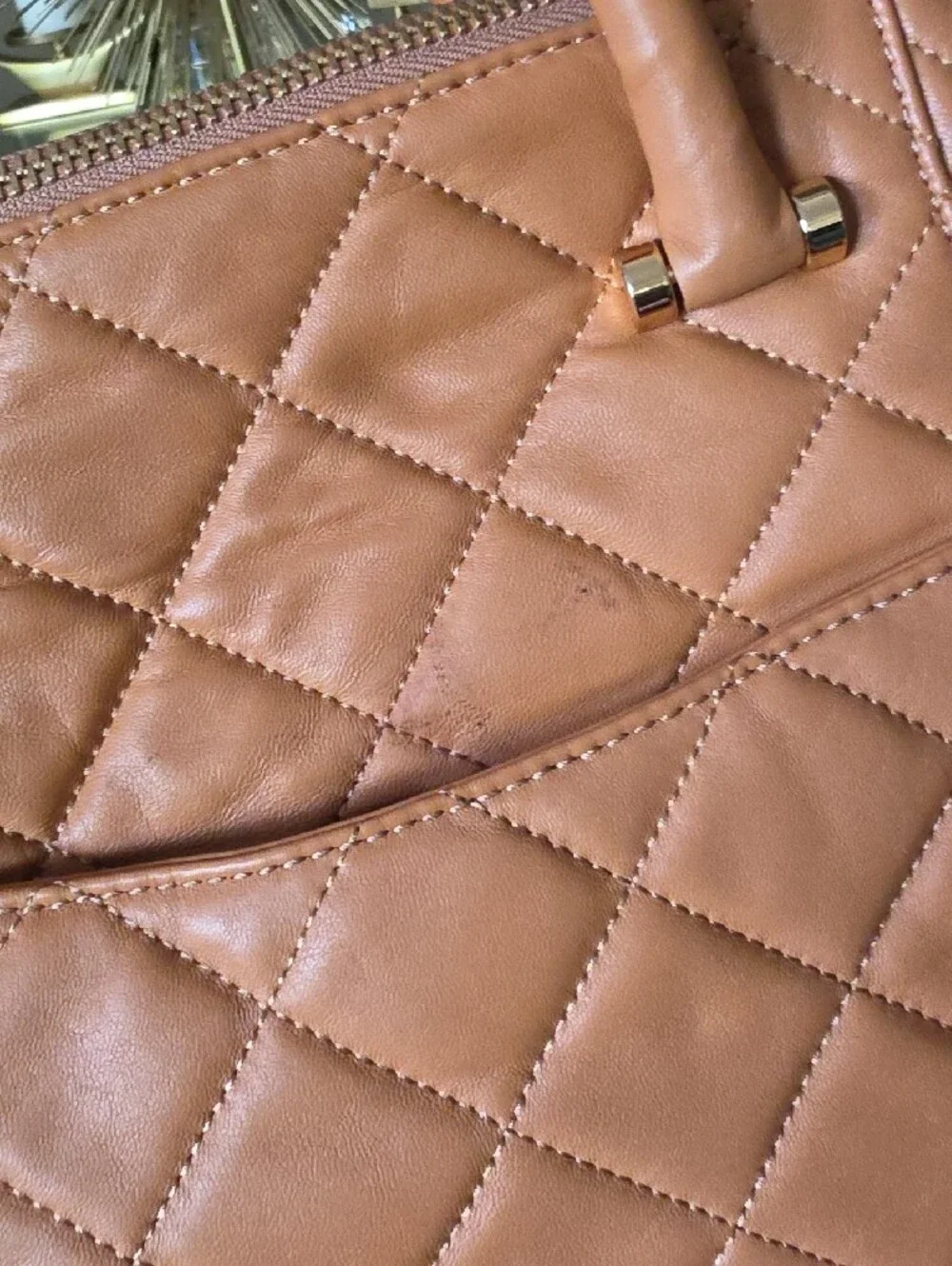 Michael Kors Quilted Satchel in Cognac Tan with Gold Hardware.